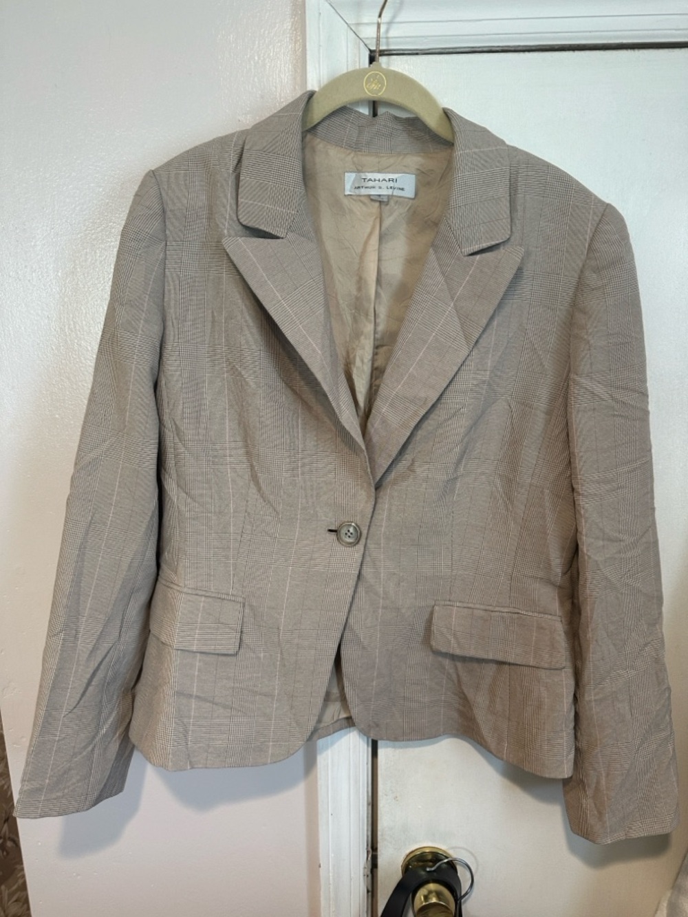 Tahari Taupe Glen Plaid Single-Button Blazer